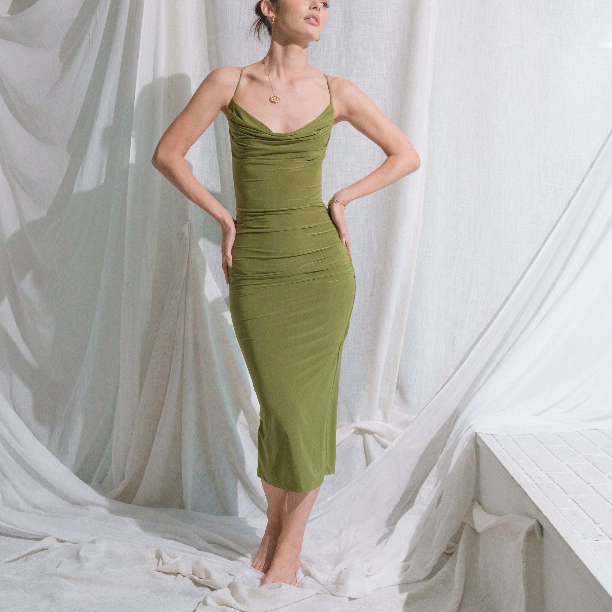 Best Seller - Moss Green Midi Dress in Silky Performance Fabric