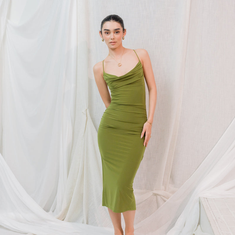Best Seller - Moss Green Midi Dress in Silky Performance Fabric
