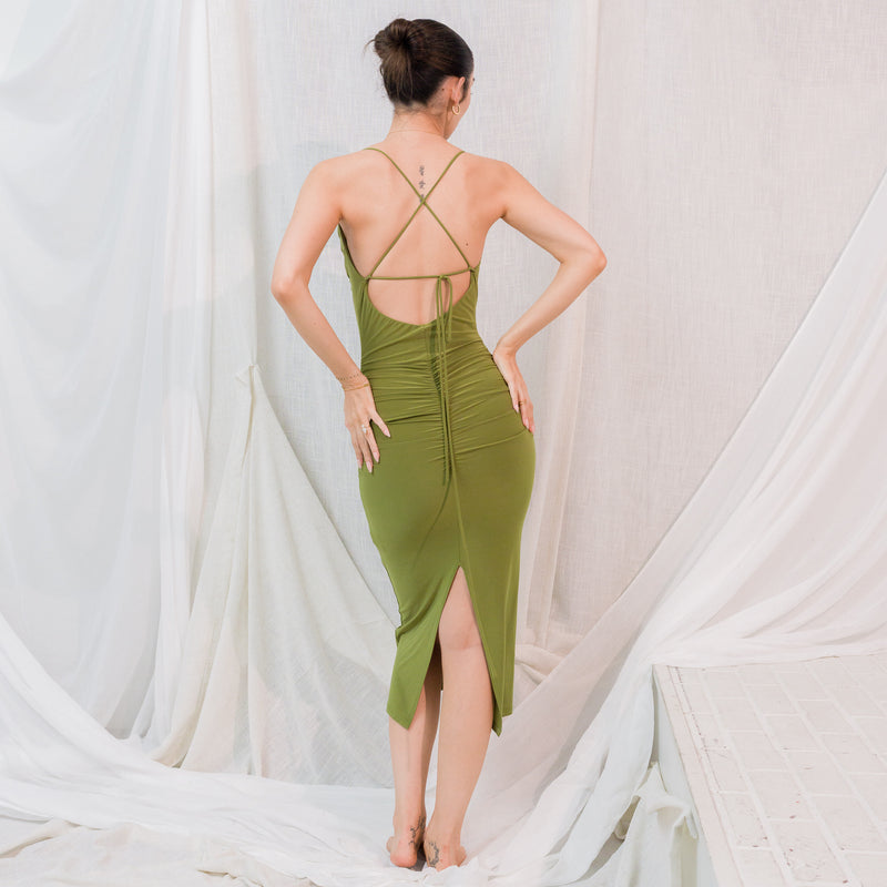 Best Seller - Moss Green Midi Dress in Silky Performance Fabric
