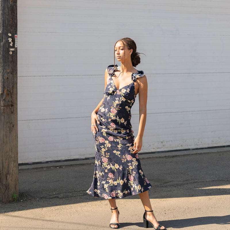 Floral Satin Dress With Cowl Back