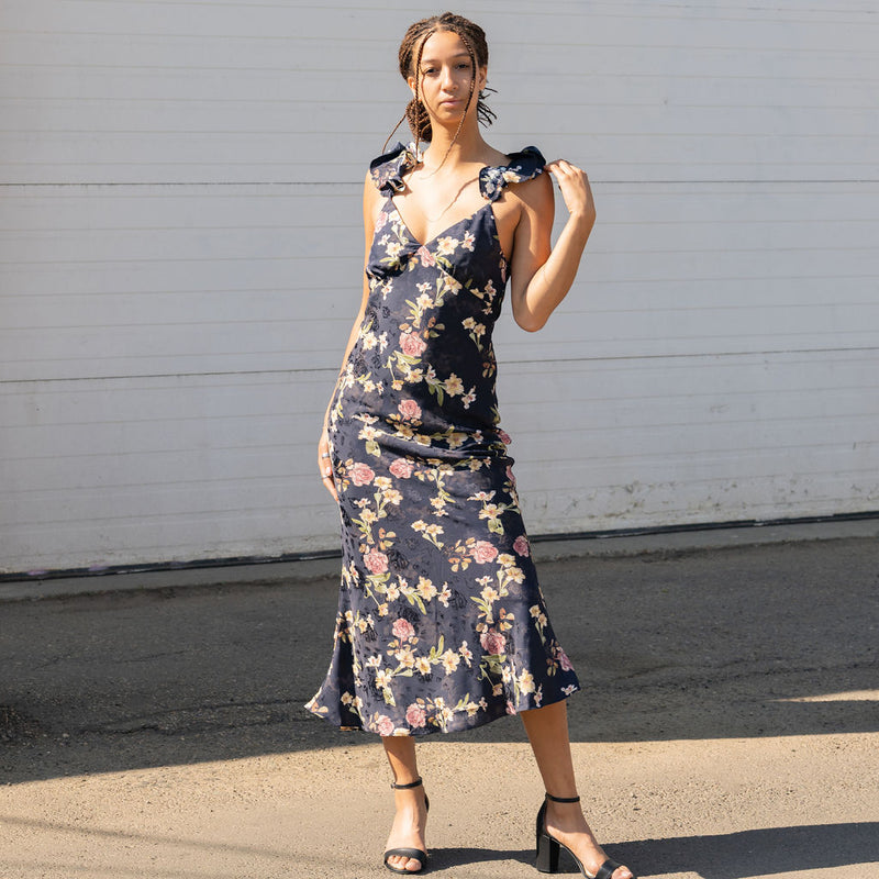 Floral Satin Dress With Cowl Back