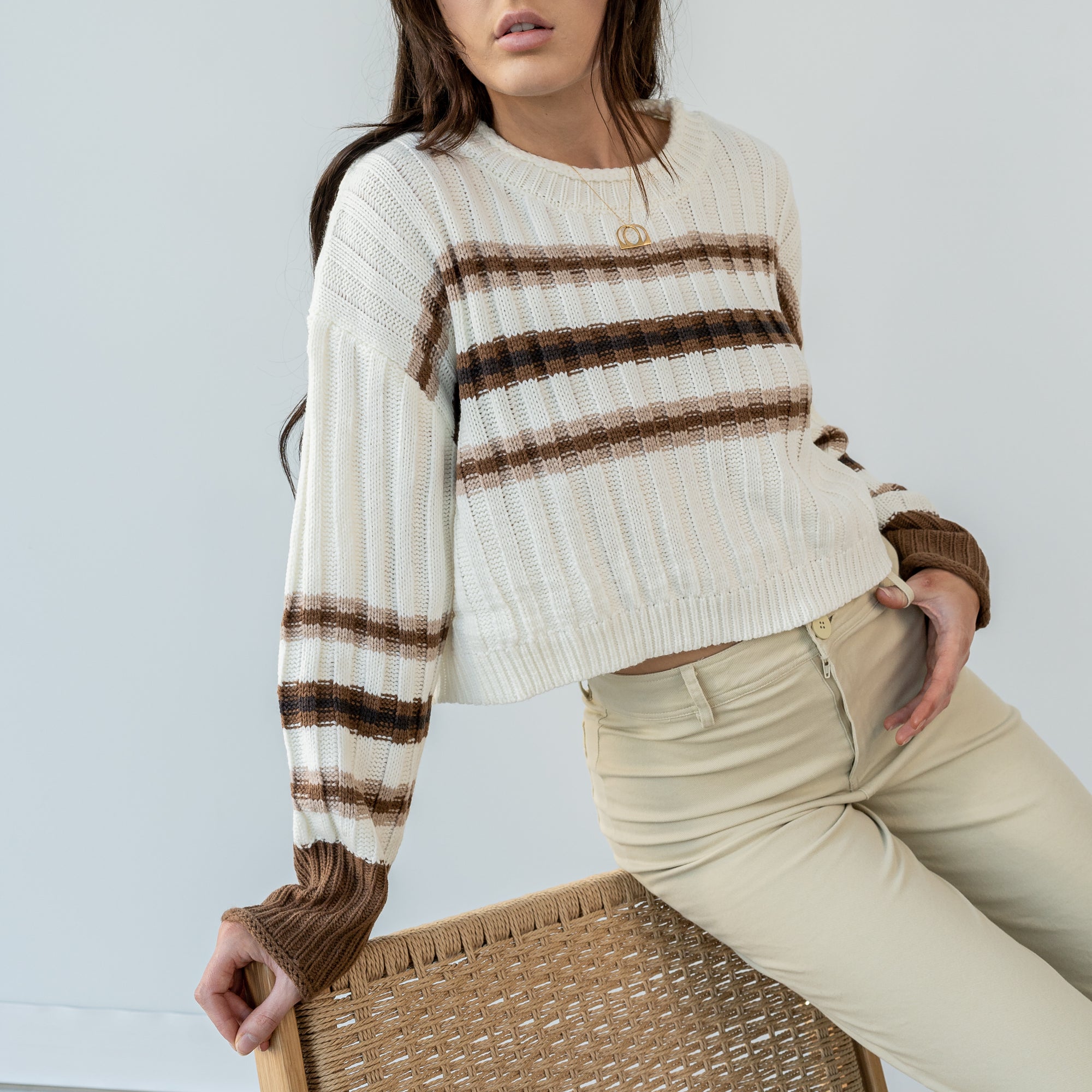 Last One - Cream Sweater With Brown And Blush Stripes