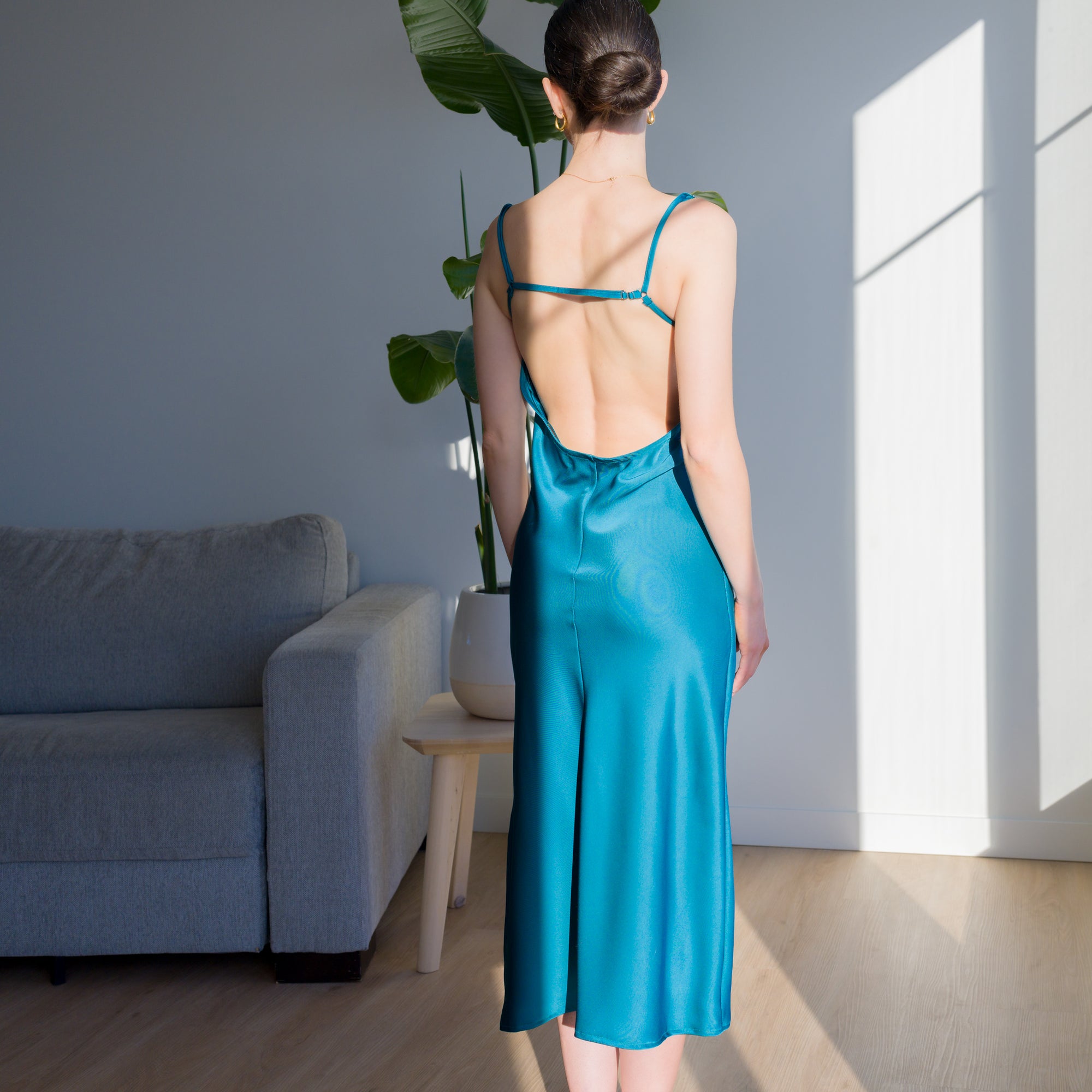 satin dress back design Black Satin Beaded Long Dress With Flattering Deep-V Back