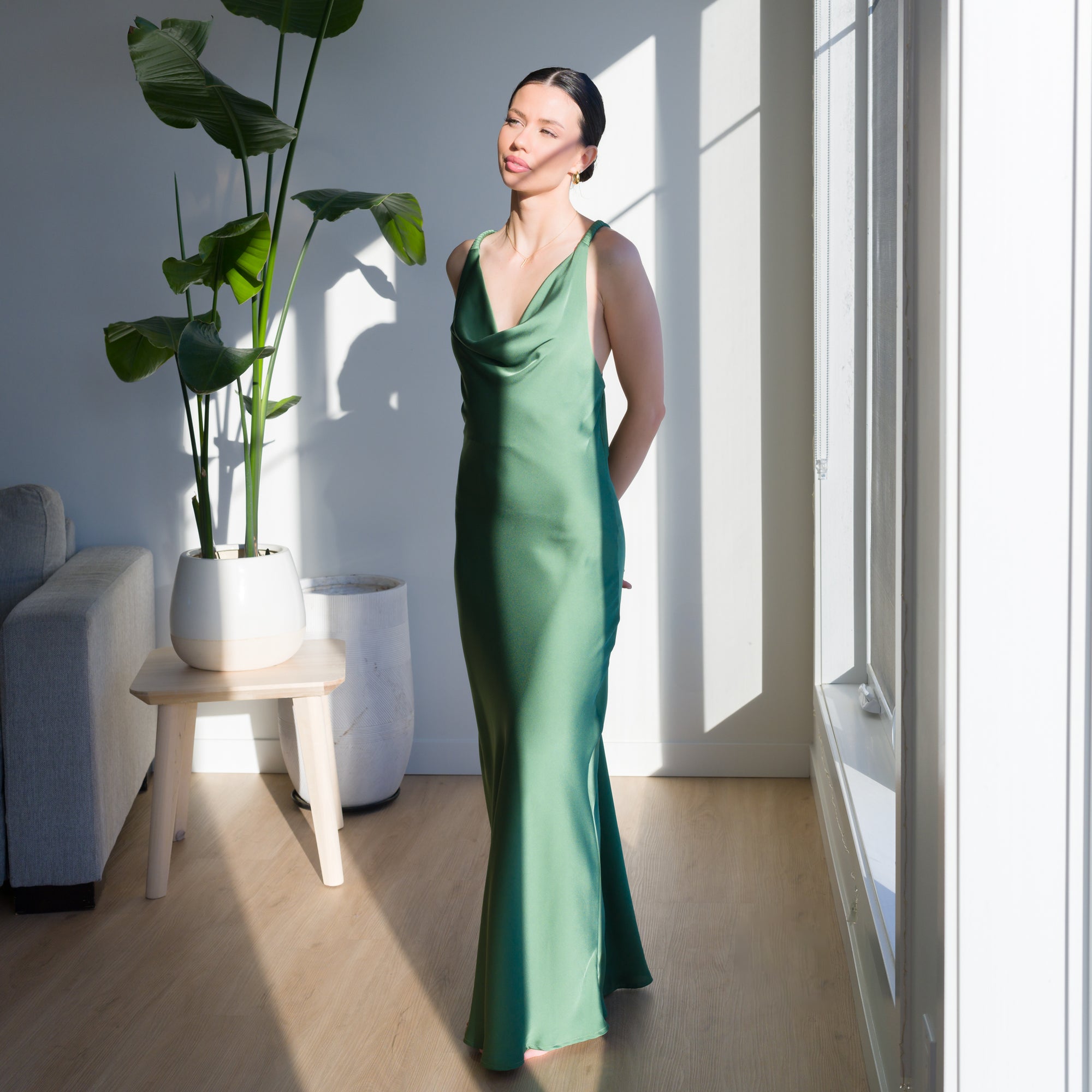Sage Green Satin Dress With Back Knot Design | OKAKIE Sage Green Satin Dress With Back Knot Design | OKAKIE