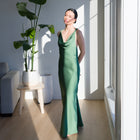 Sage Green Satin Dress With Back Knot Design