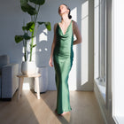 Sage Green Satin Dress With Back Knot Design