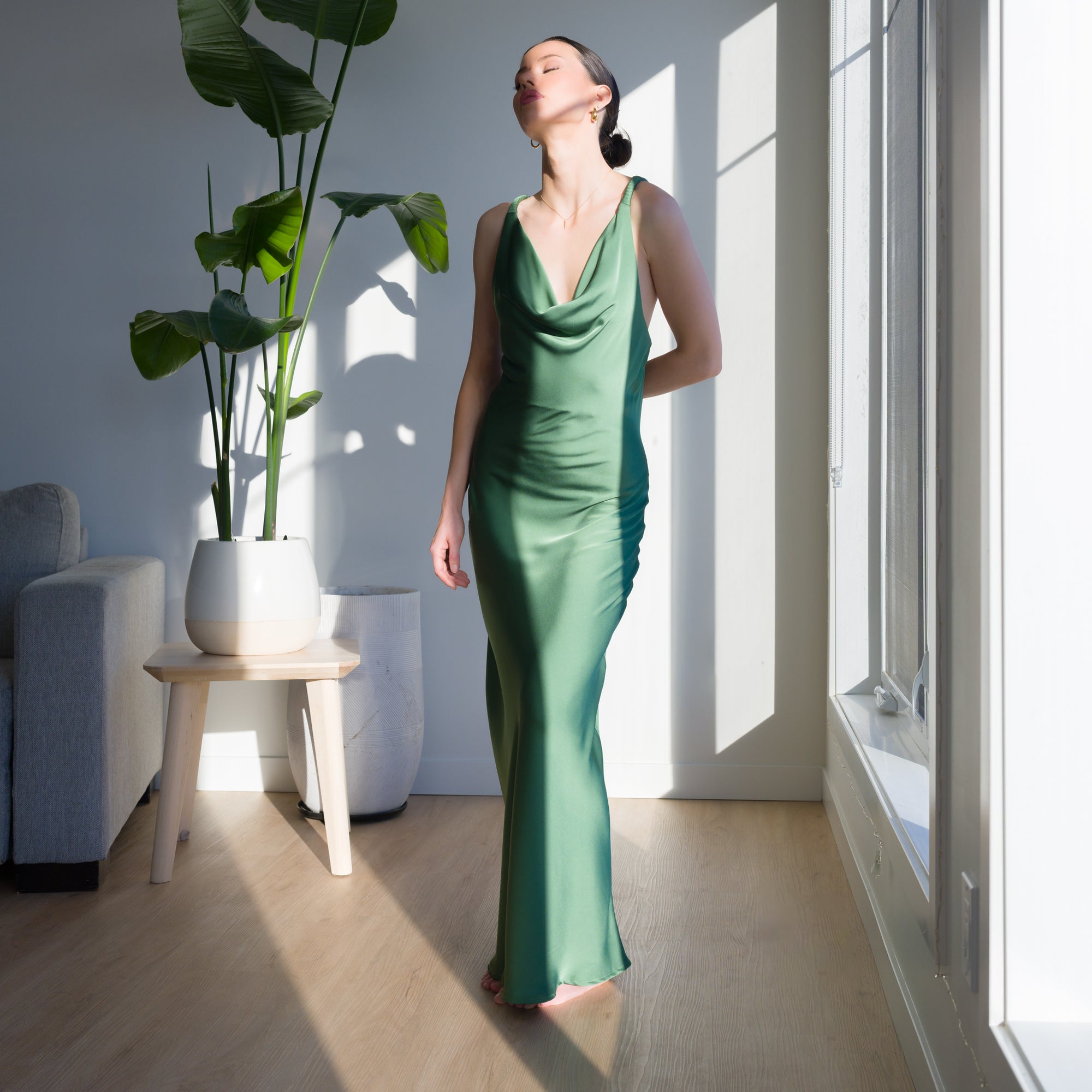 Sage Green Satin Dress With Back Knot Design