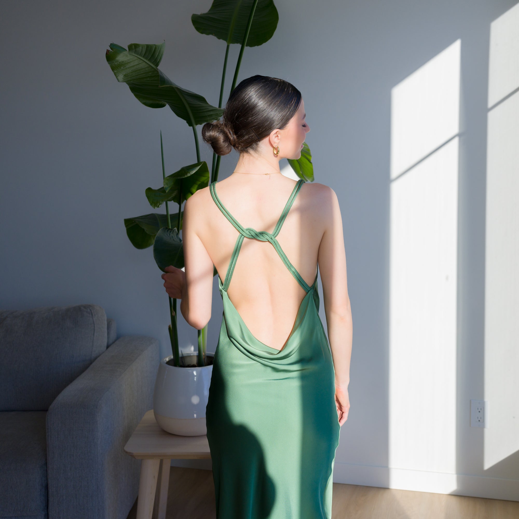 Sage Green Satin Dress With Back Knot Design