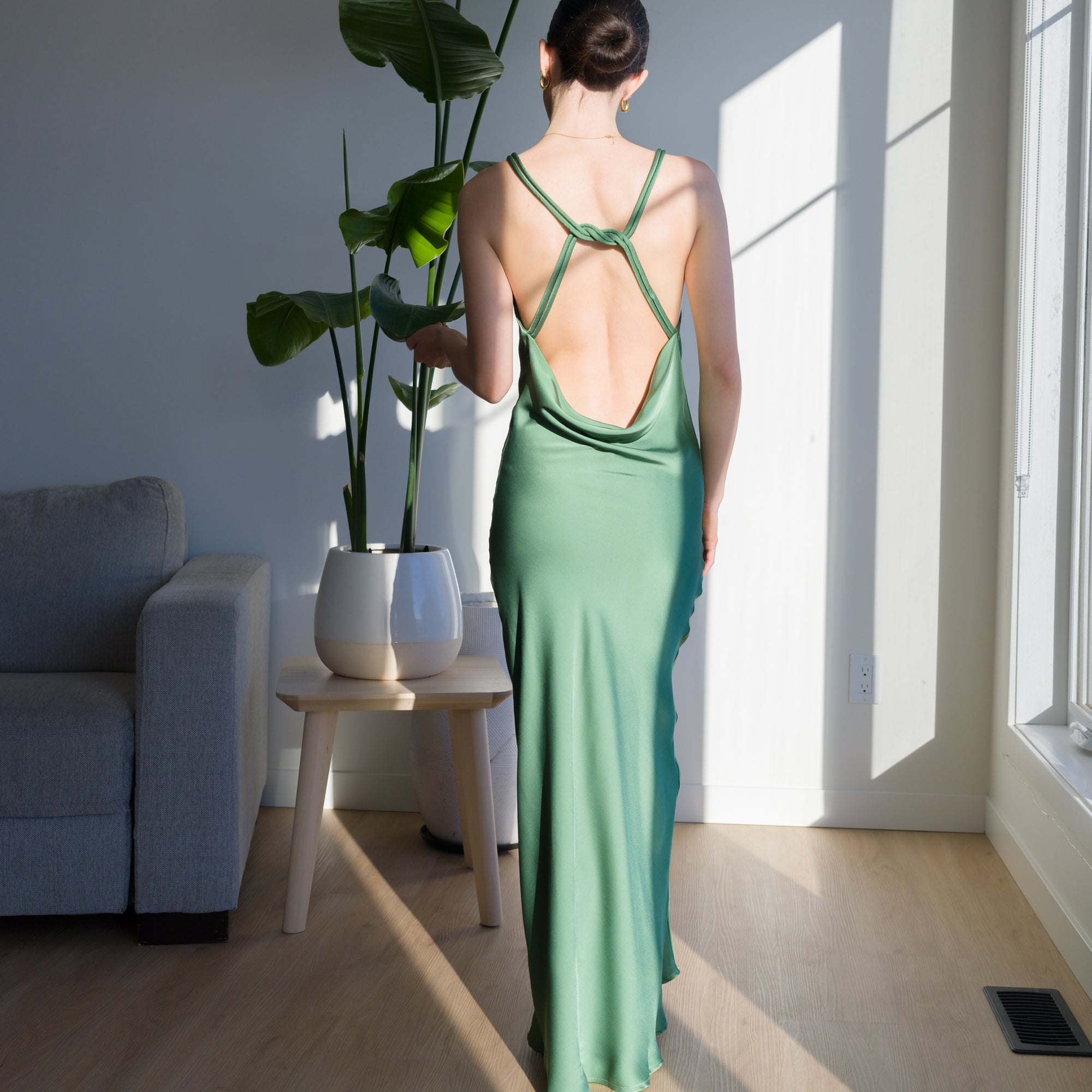 Sage Green Satin Dress With Back Knot Design | OKAKIE Sage Green Satin Dress With Back Knot Design | OKAKIE