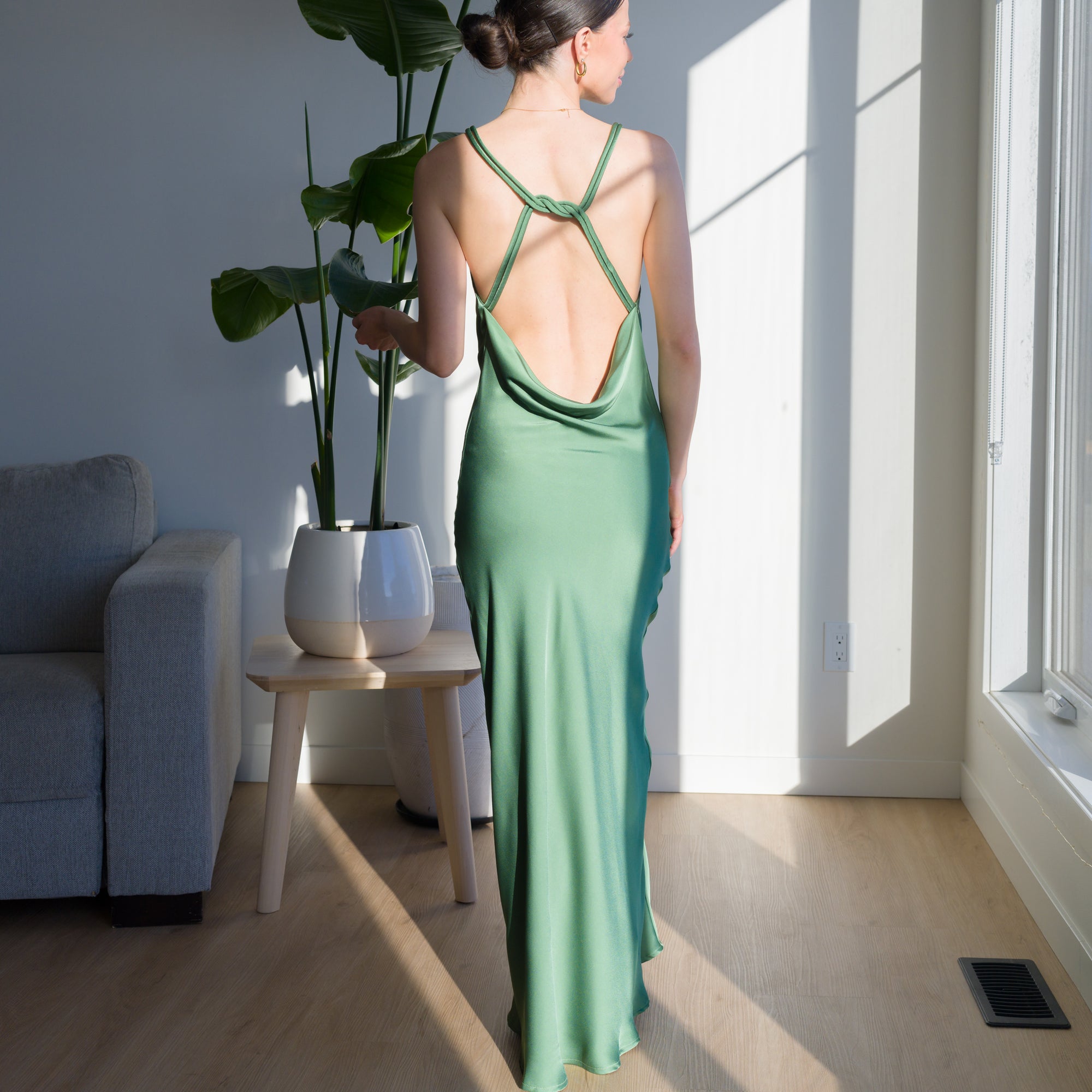 Sage Green Satin Dress With Back Knot Design | OKAKIE Sage Green Satin Dress With Back Knot Design | OKAKIE