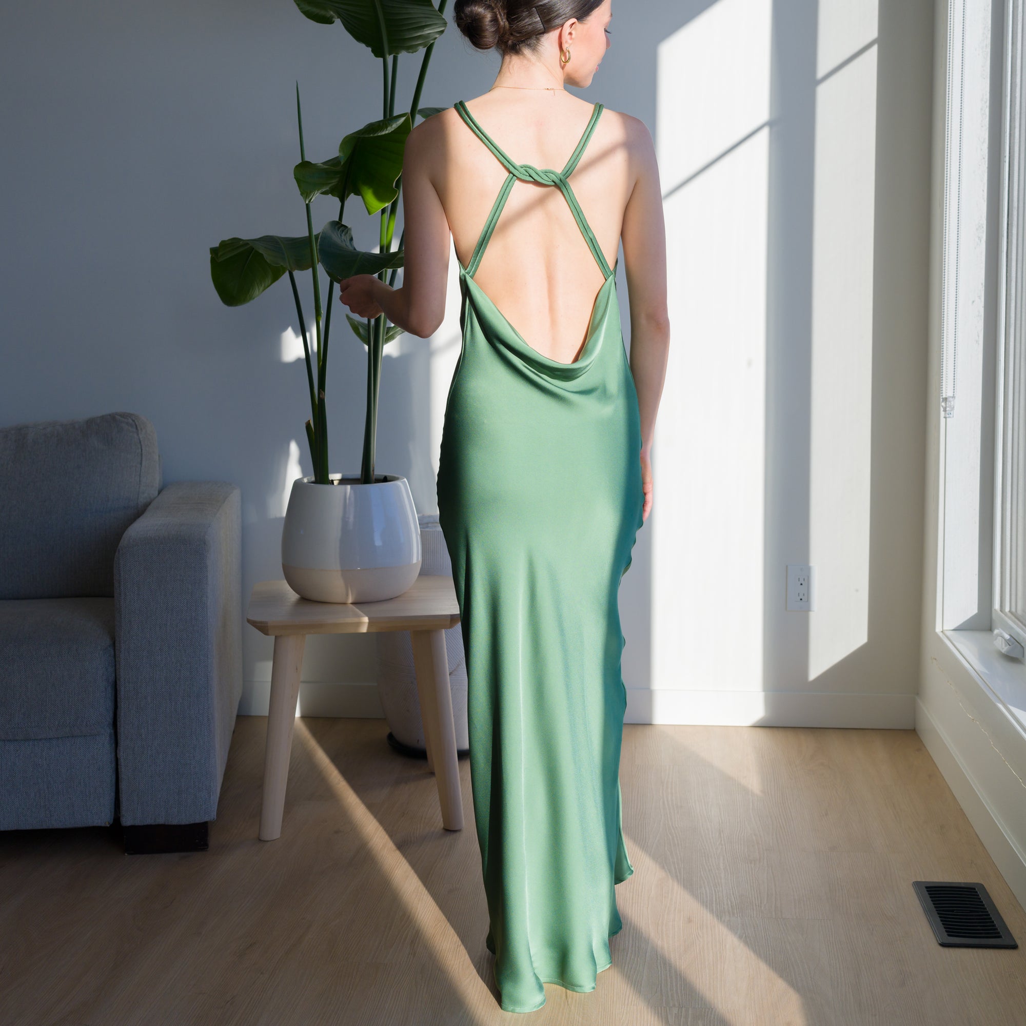 Sage Green Satin Dress With Back Knot Design | OKAKIE Sage Green Satin Dress With Back Knot Design | OKAKIE