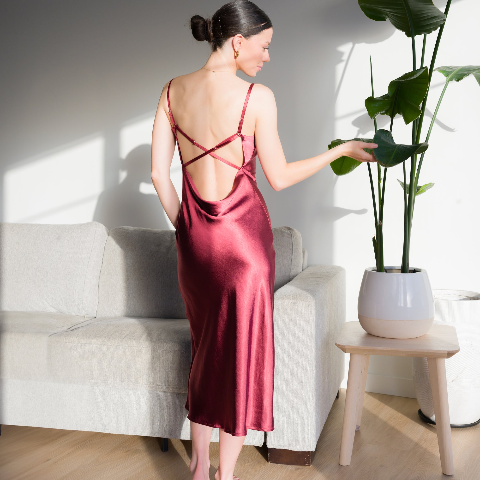 X Back Red-Brown Satin Dress