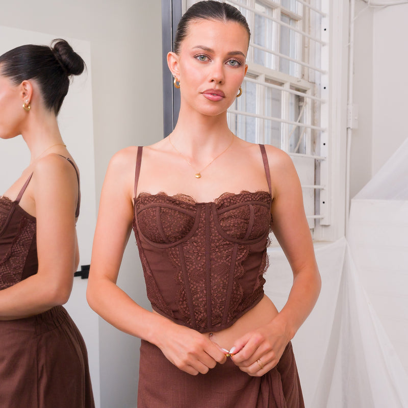 Lace Detailed Mesh Corset Top in Dark Coco