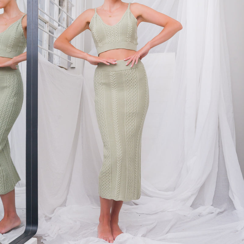 Soft Sage Knit Top and Skirt Set