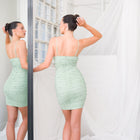 Shirring Sage Mesh Dress with pearl Appliqué
