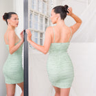 Shirring Sage Mesh Dress with pearl Appliqué