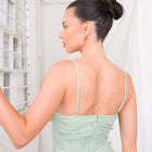 Shirring Sage Mesh Dress with pearl Appliqué