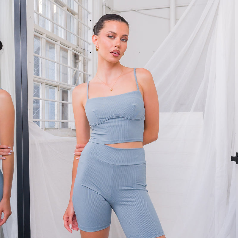 Soft Ribbed Shorts Set in Blue