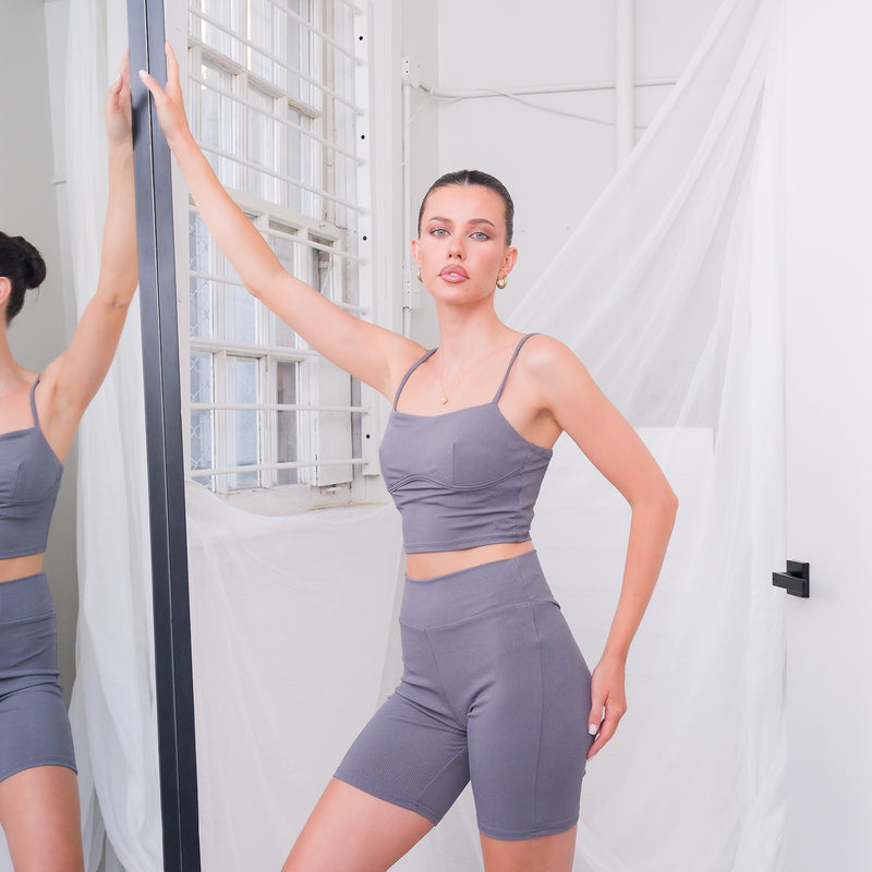 Soft Ribbed Shorts Set in Charcoal
