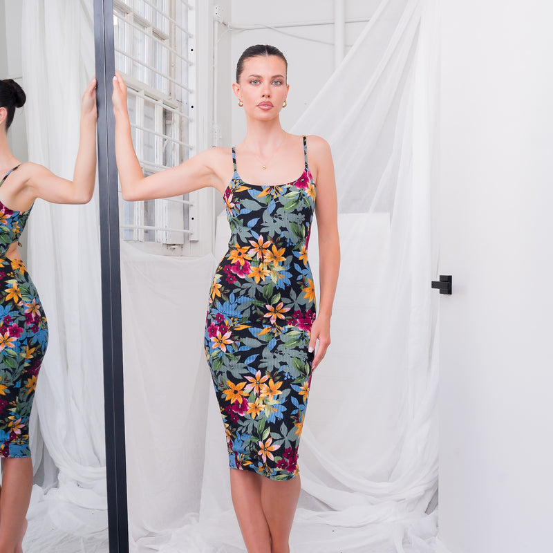 Floral Print Midi Dress With Tie Back Design