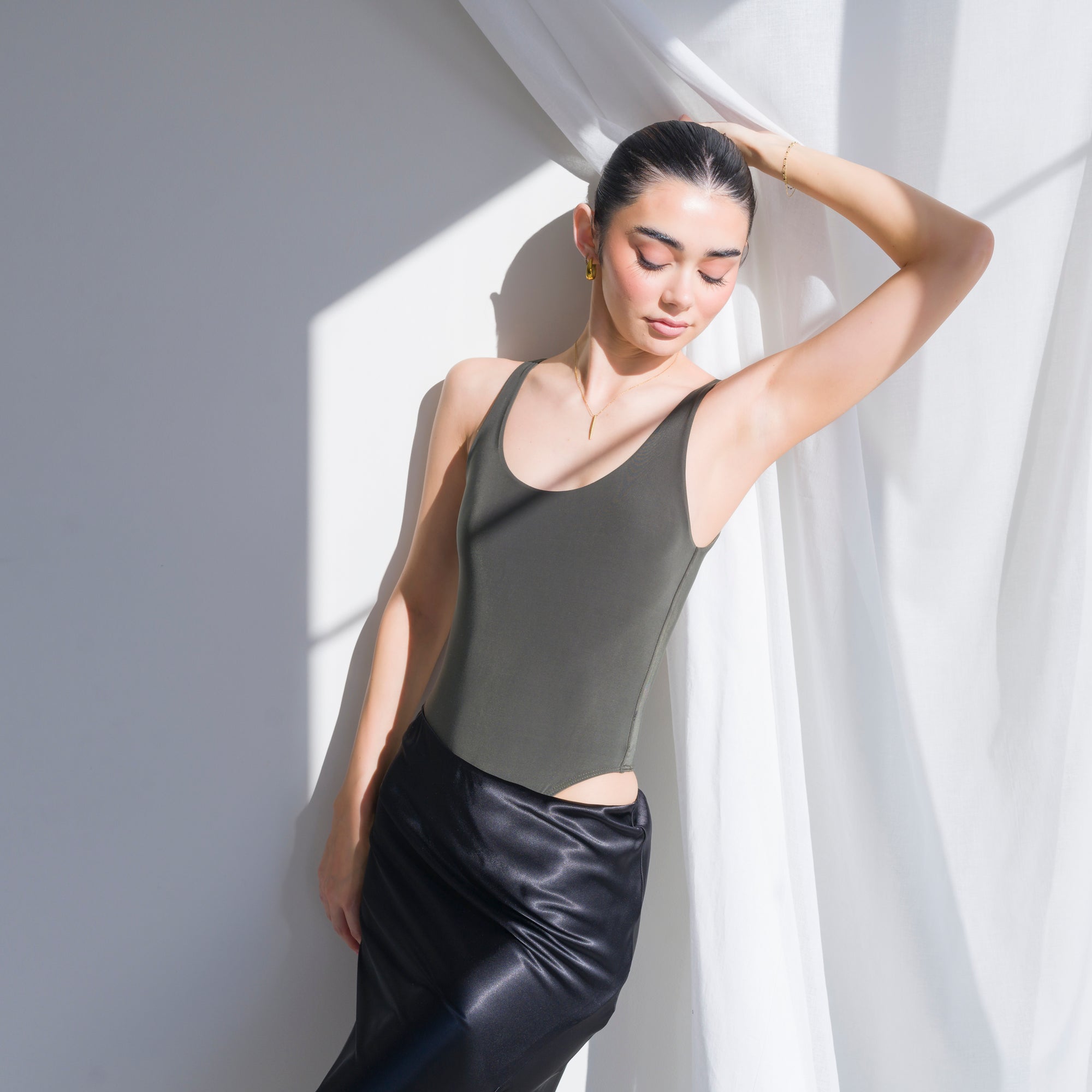 Luxury-Sheen Bodysuit in Stretchy Performance Fabric
