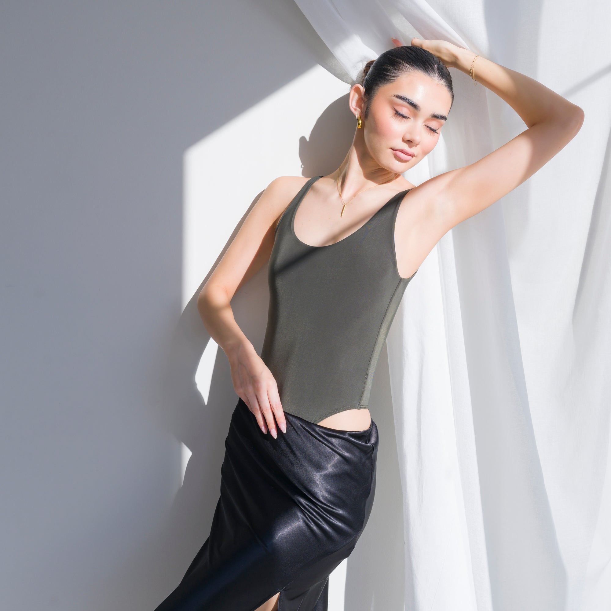 Luxury-Sheen Bodysuit in Stretchy Performance Fabric