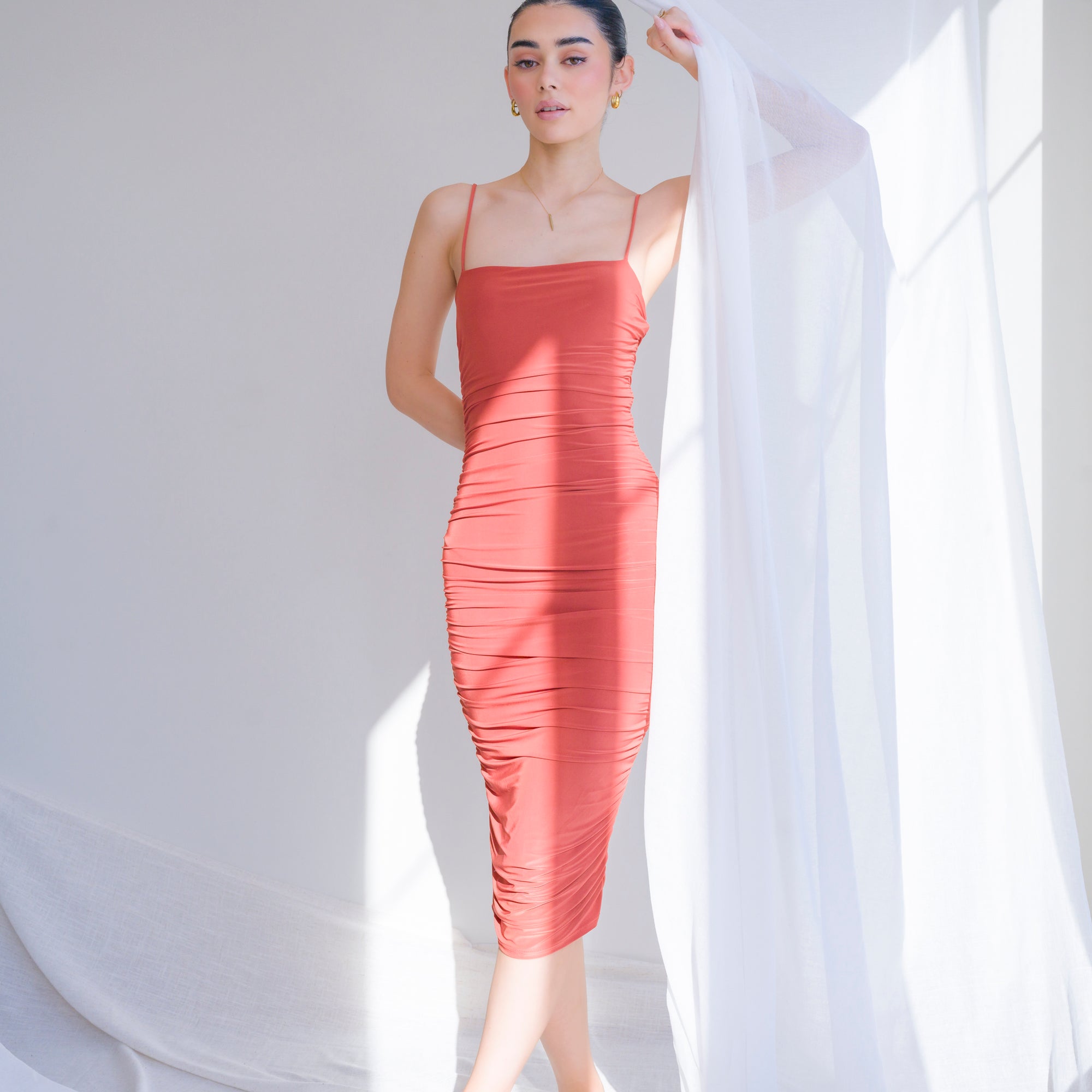 Silky-Luxe Ruched Midi Dress in Performance Fabric