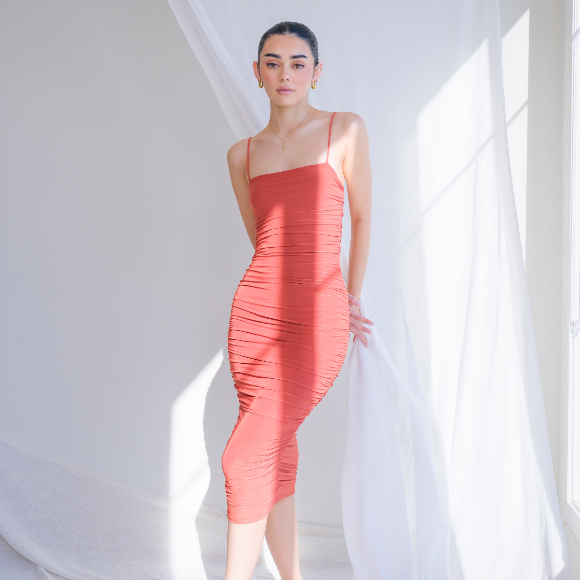 Silky-Luxe Ruched Midi Dress in Performance Fabric
