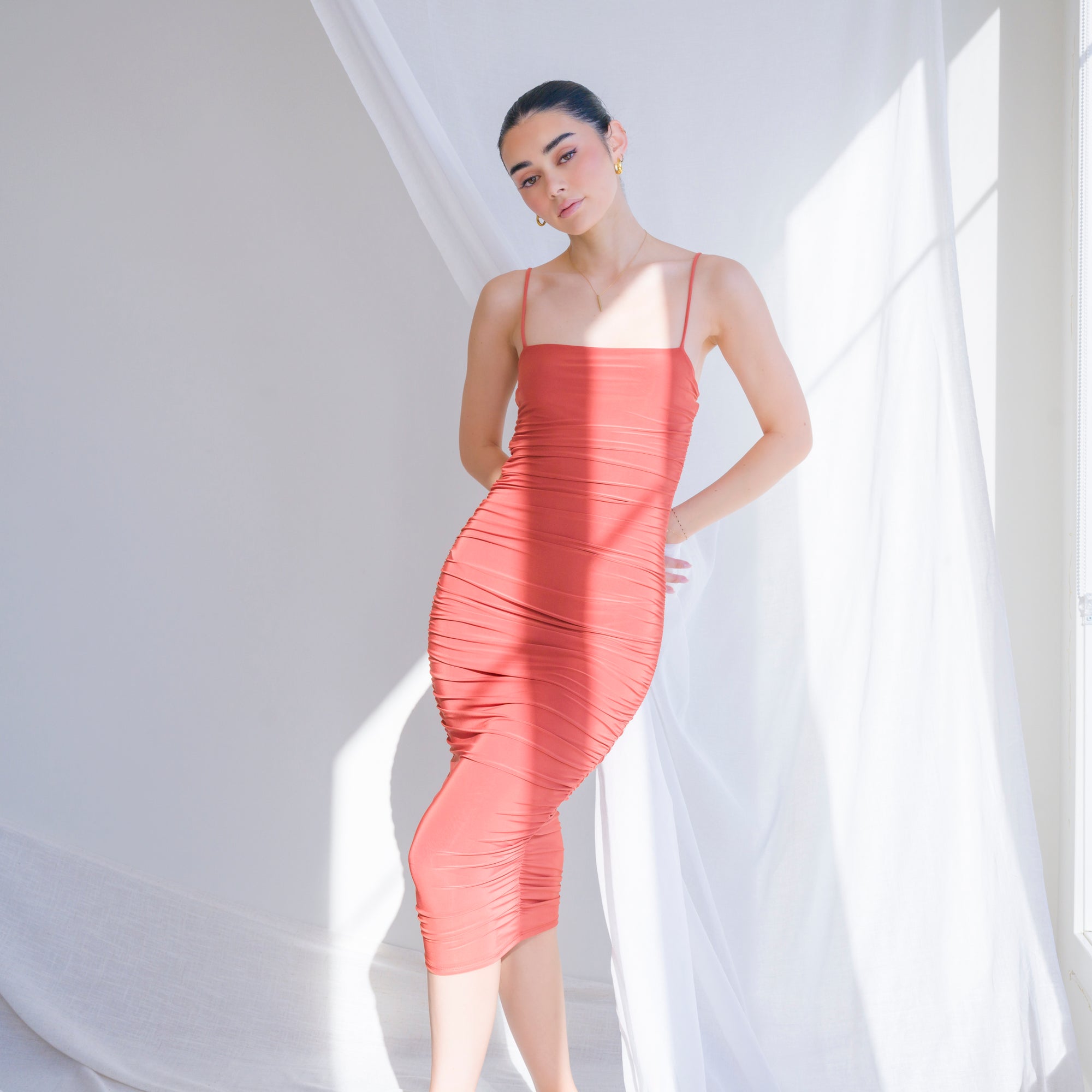 Silky-Luxe Ruched Midi Dress in Performance Fabric