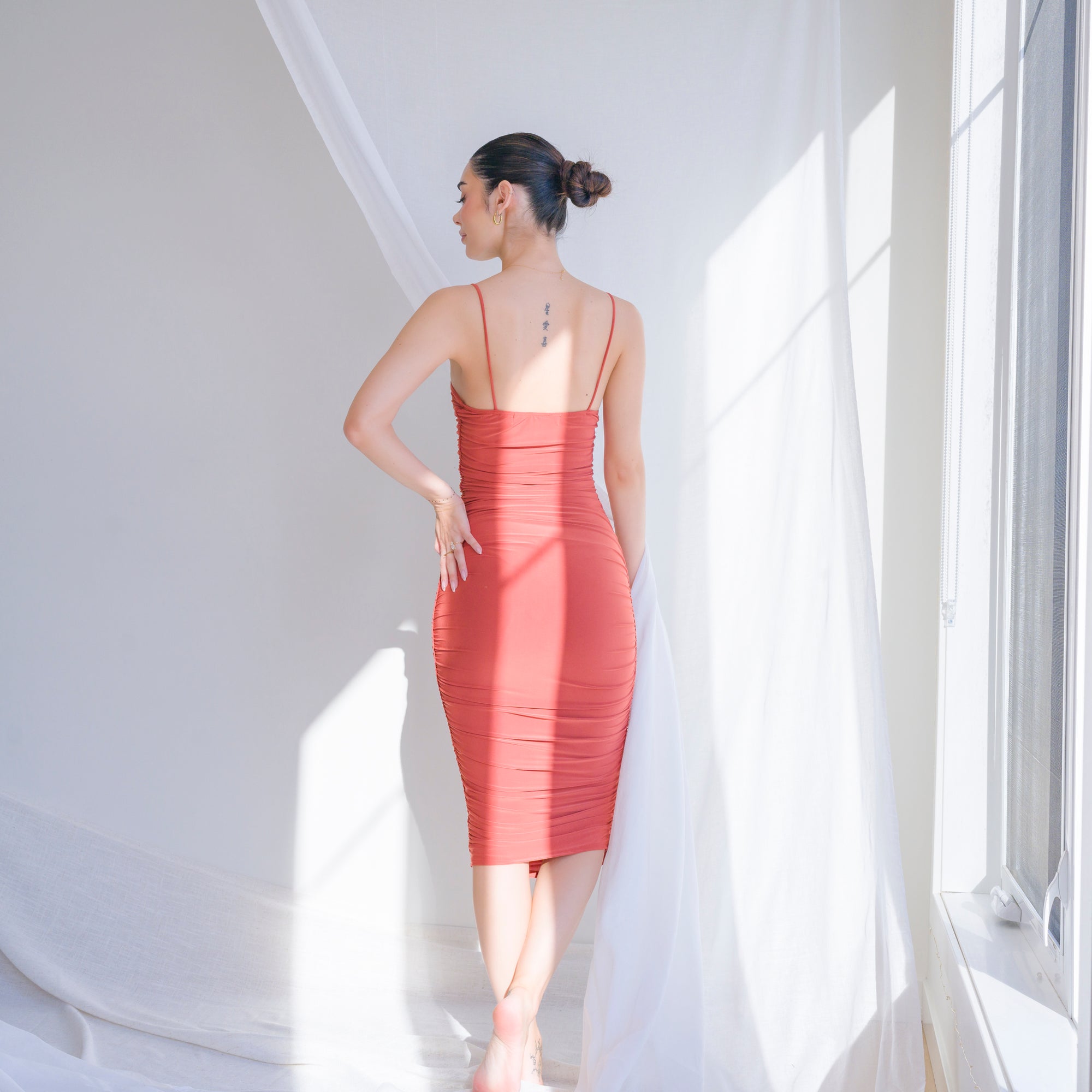 Silky-Luxe Ruched Midi Dress in Performance Fabric