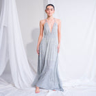 Soft Blue Patterned Halter Dress With Fringe Tassels