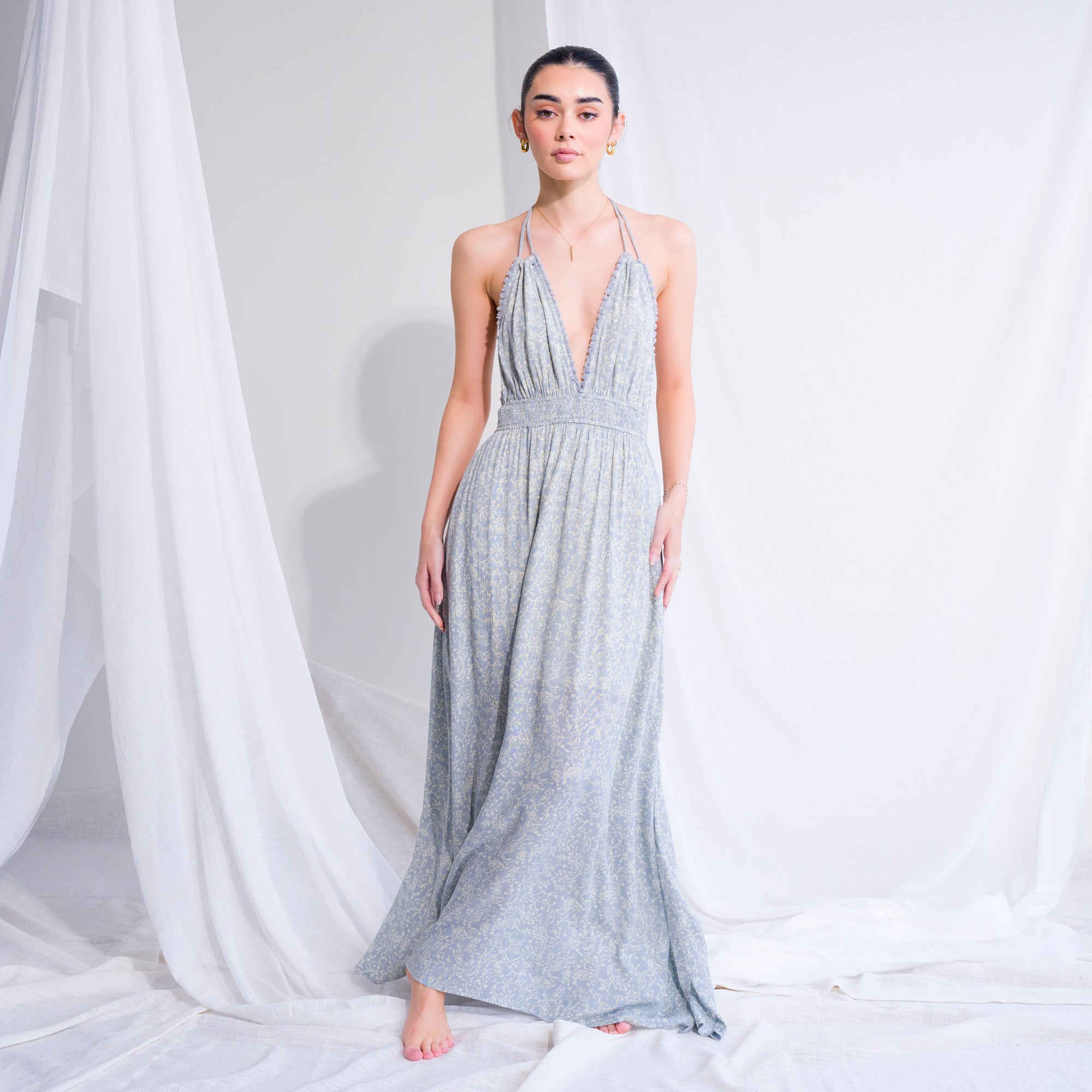 Soft Blue Patterned Halter Dress With Fringe Tassels