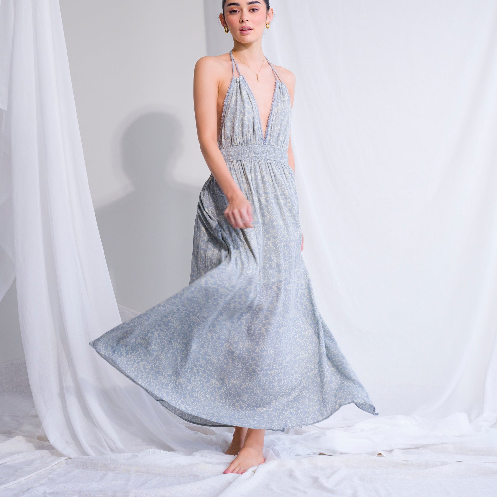 Soft Blue Patterned Halter Dress With Fringe Tassels