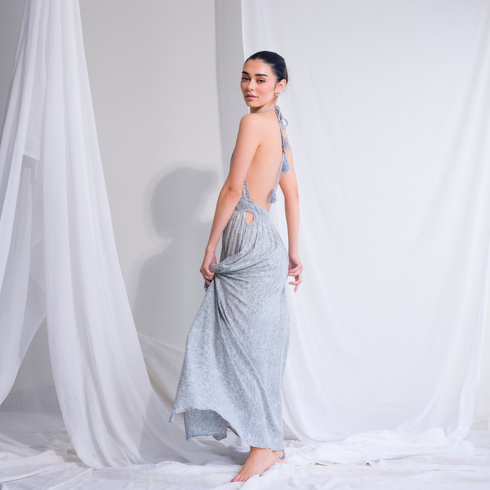 Soft Blue Patterned Halter Dress With Fringe Tassels