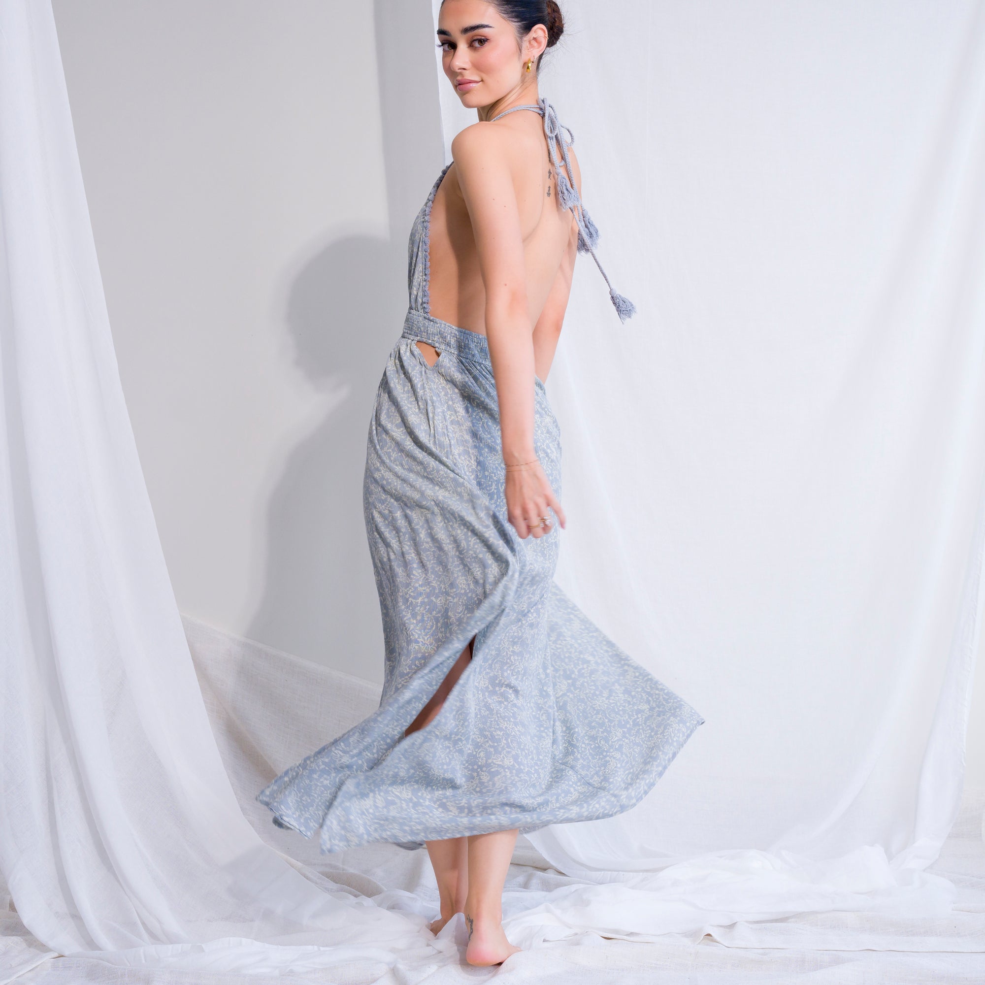 Soft Blue Patterned Halter Dress With Fringe Tassels