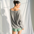 OKAKIE oversized charcoal grey fuzzy teddy bear sweater with V-neck and drop shoulders worn by a model