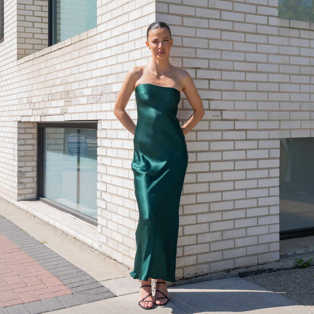 Strapless Cowl Back Satin Dress Maxi