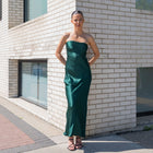 Strapless Cowl Back Satin Dress Maxi