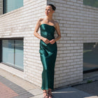 Strapless Cowl Back Satin Dress Maxi