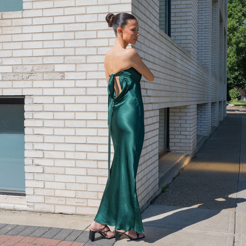 Strapless Cowl Back Satin Dress Maxi