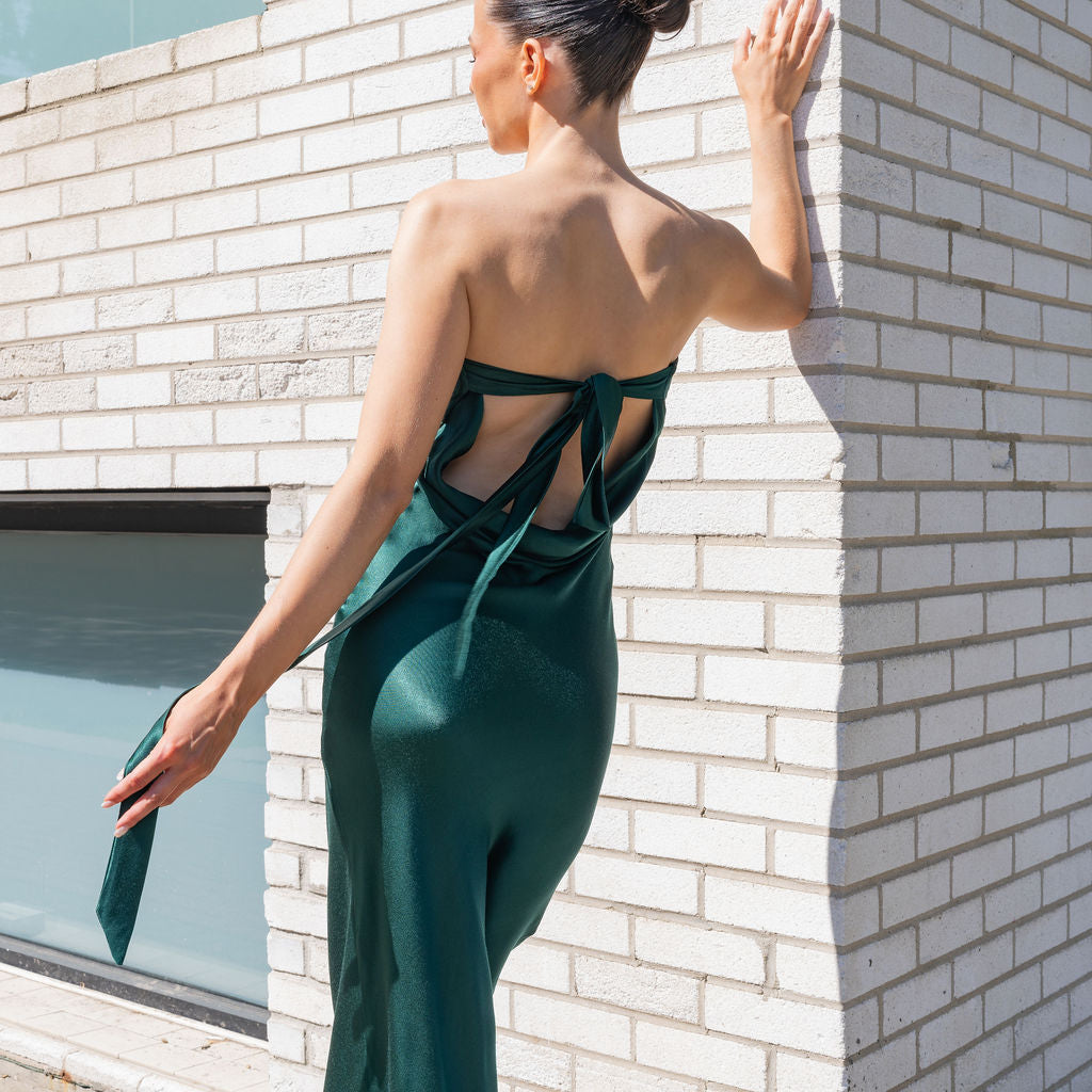 Strapless Cowl Back Satin Dress Maxi