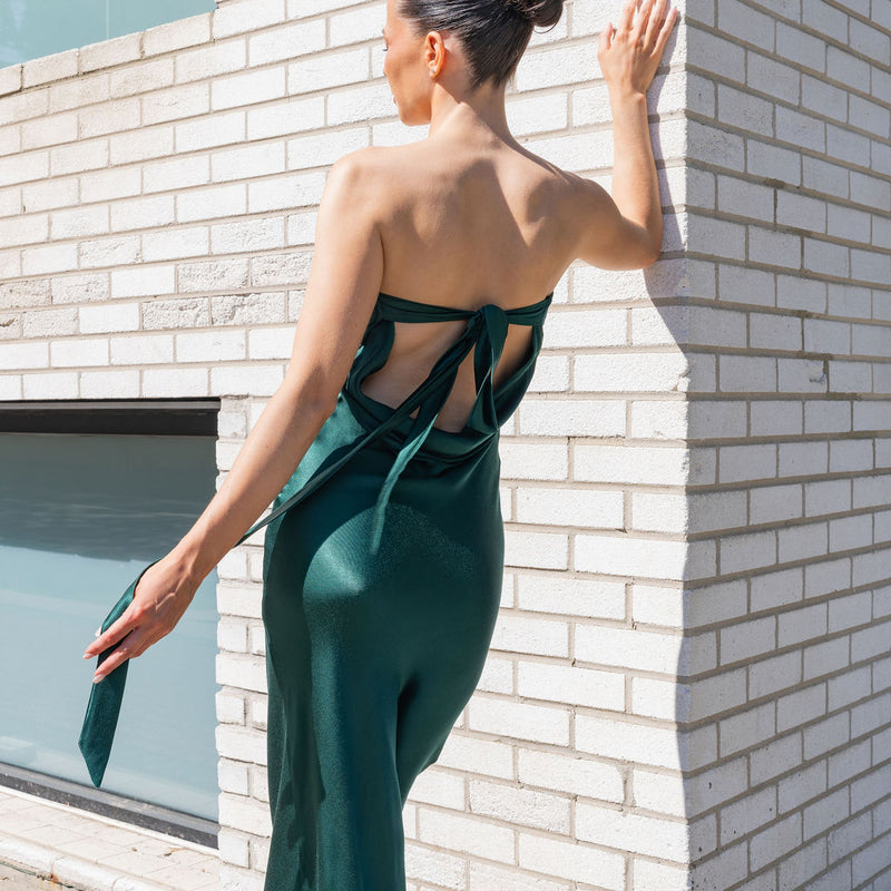 Strapless Cowl Back Satin Dress Maxi