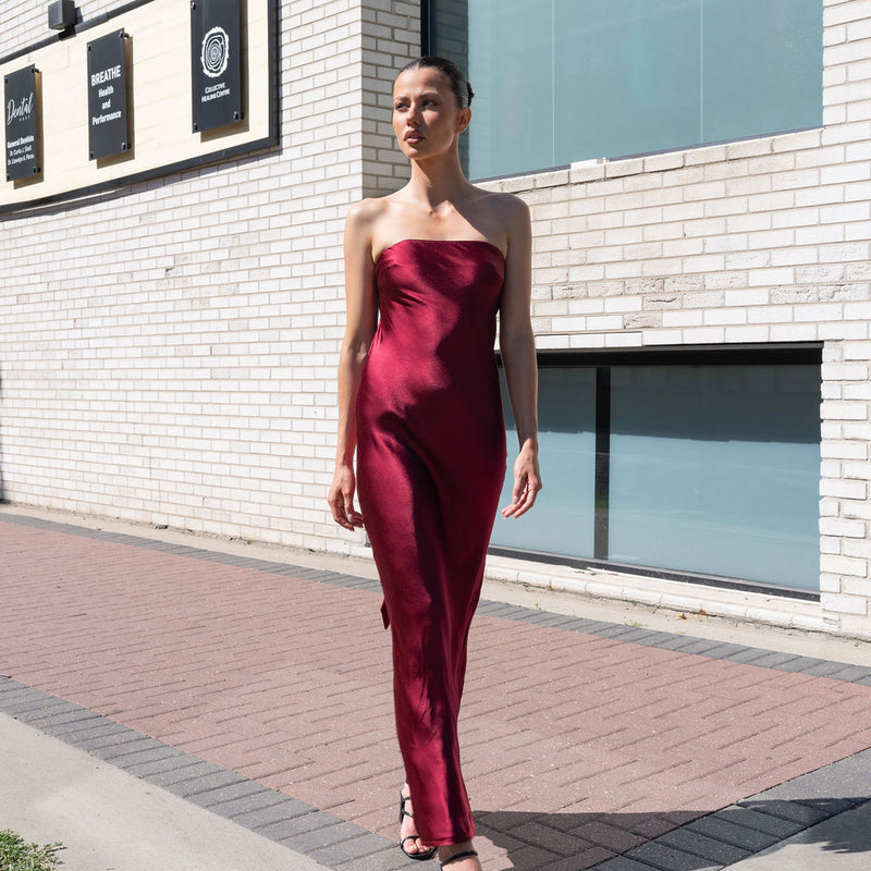 Strapless Cowl Back Satin Dress Maxi