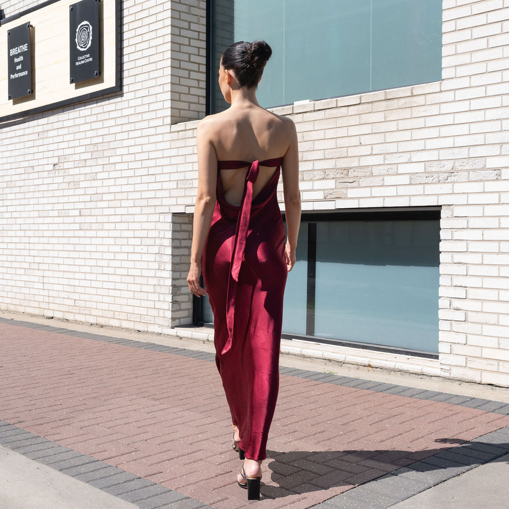 Strapless Cowl Back Satin Dress Maxi