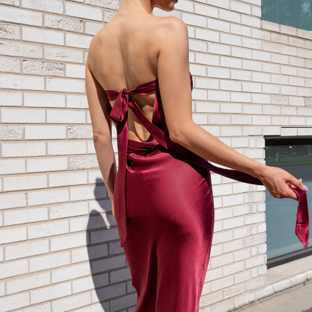 Strapless Cowl Back Satin Dress Maxi