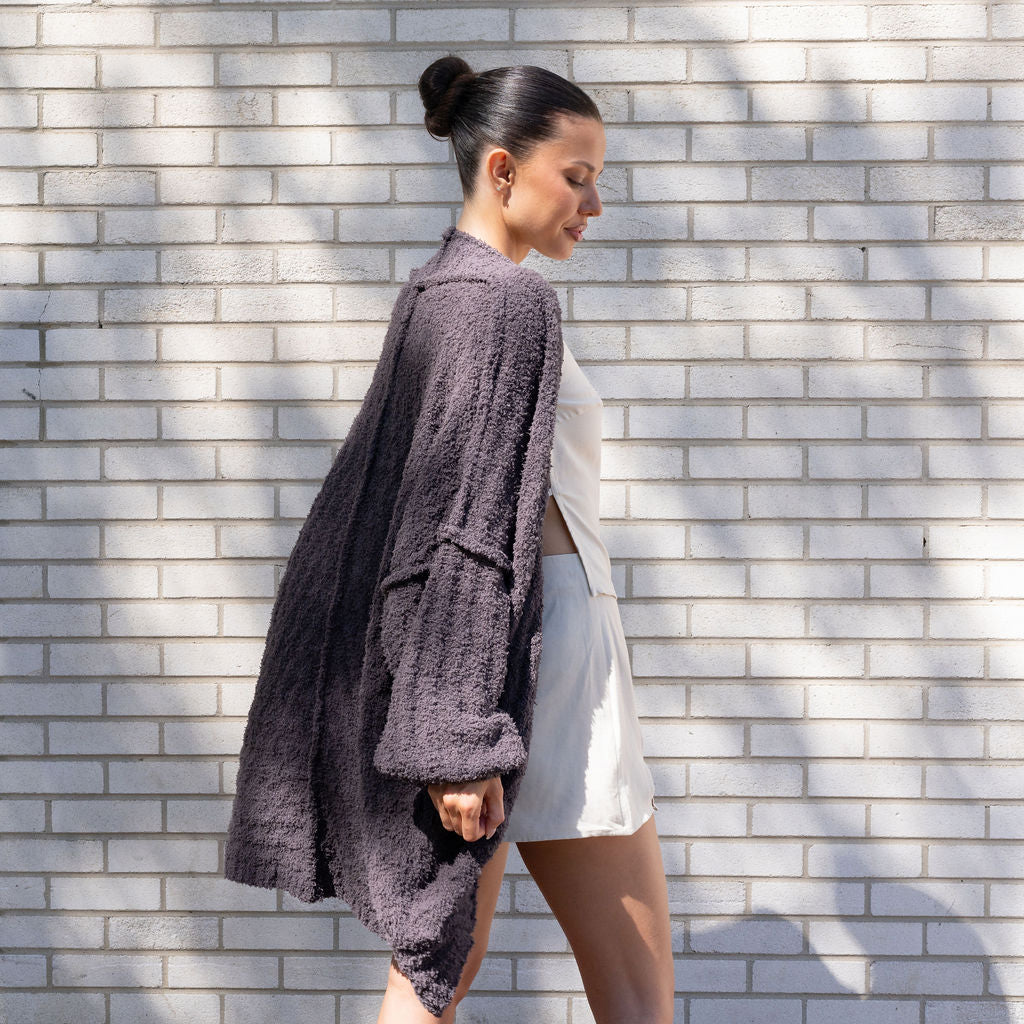 Teddy Cocoon Cardigan in Dark Purple-Grey