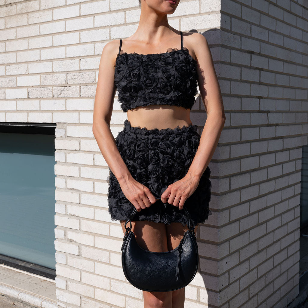 Rose appliqué Skirt Set in Black