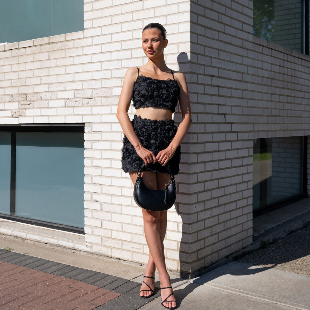 Rose appliqué Skirt Set in Black