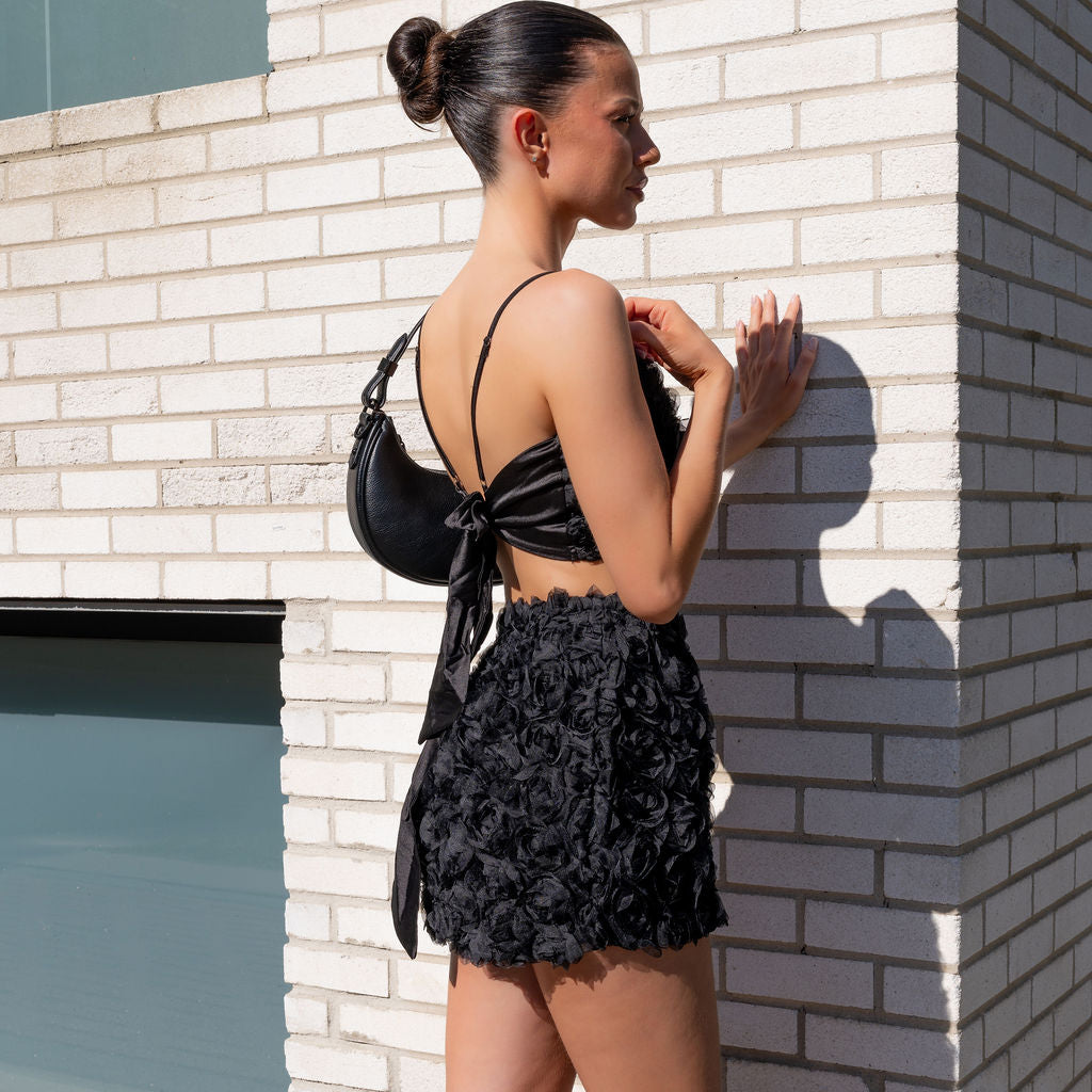 Rose appliqué Skirt Set in Black