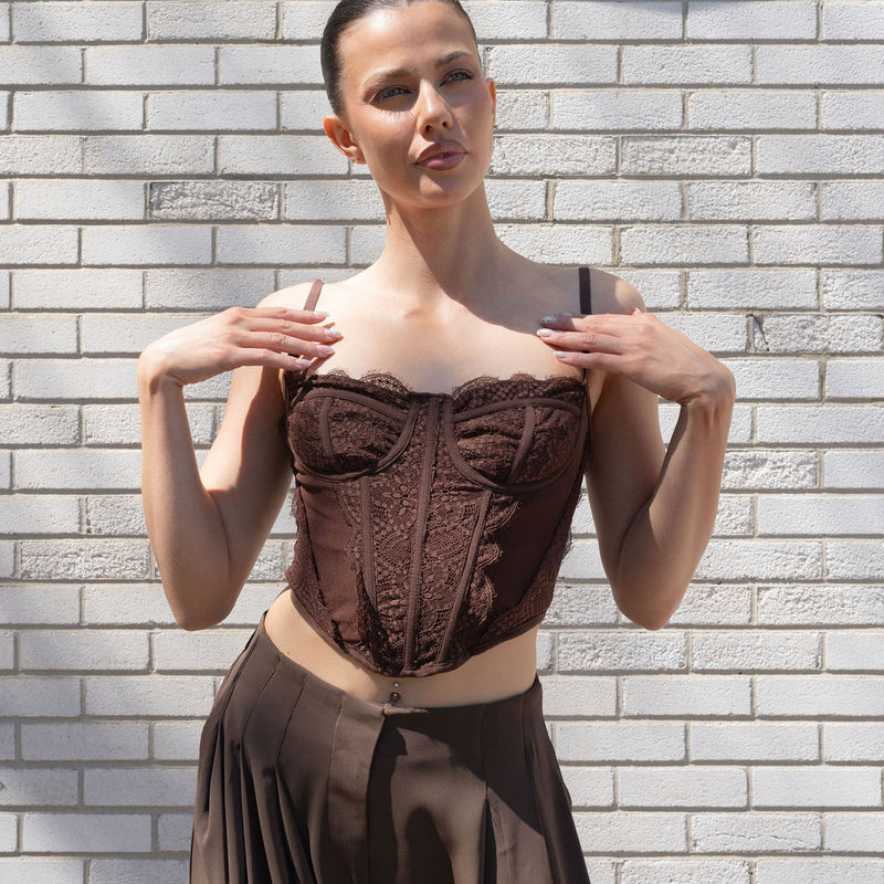 Lace Detailed Mesh Corset Top in Dark Coco